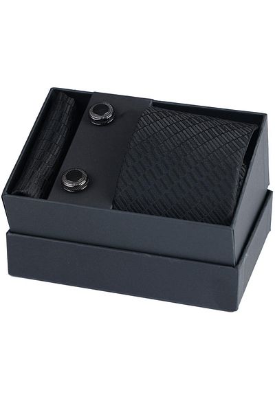 Esgue Set cadou cravată neagră, batistă și butoni negri cu model lucrați manual