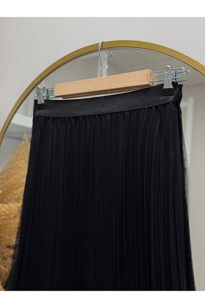 Ebrar Store Zümra Pleated Tulle Flounce Skirt-Mt2587 Black