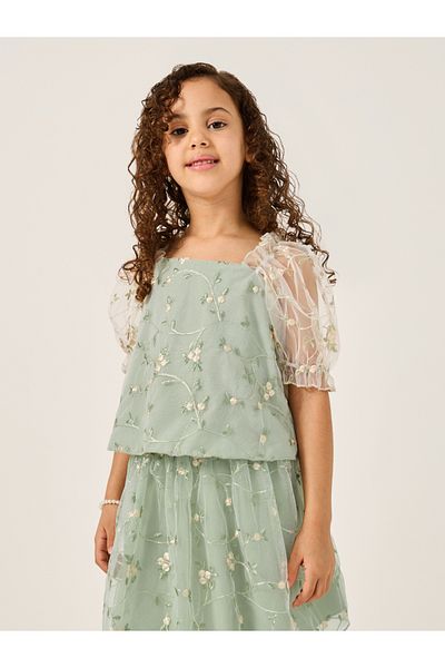 Styli Embroidered Mesh Top and Skirts Set