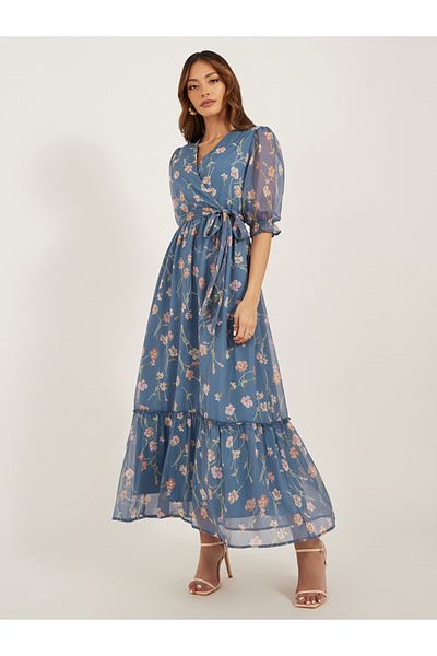 Styli Floral Print Puff Sleeves A-Line Maxi Dress