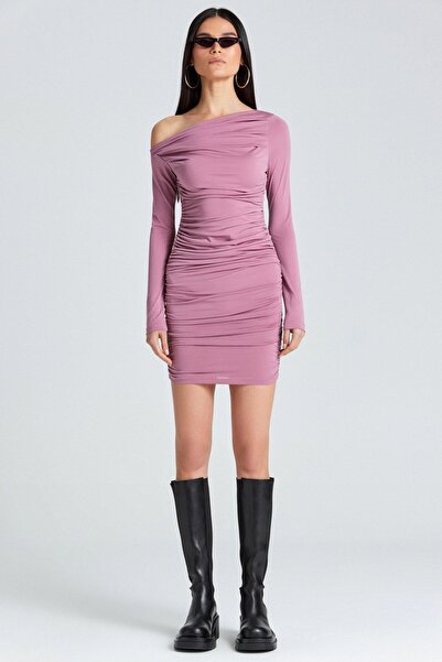 World Fashion Trends S2005 Φόρεμα με έναν ώμο με κορδόνια σε ροζ σταχτό χρώμα