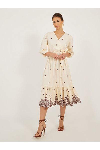 Styli Embroidered Wrap Style A-Line Midi Dress