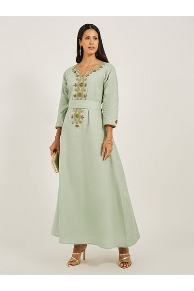Maxim Creation By Styli Embroidered Notch Neck A-Line Jalabiya with Belt