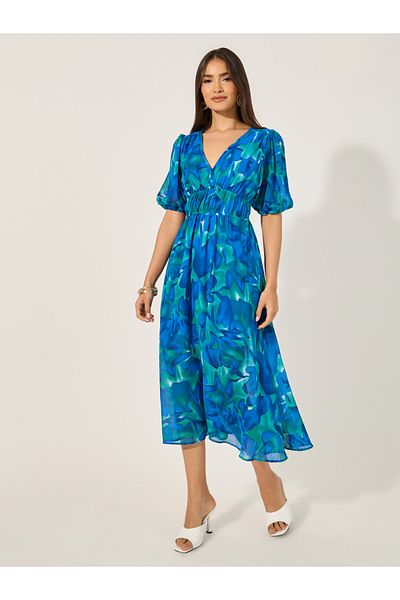 Take Two By Styli Allover Print V Neck Half Sleeve Midi Dress