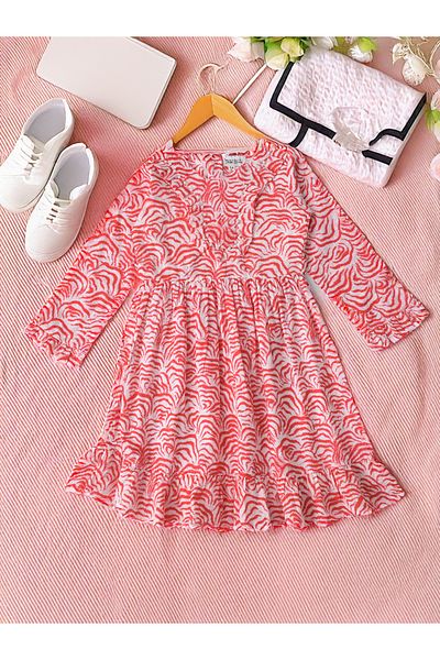 Bella Moda By Styli All-Over Print Fit and Flare Round Neck Dress with Long Sleeves