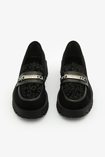 SAYL Siyah Süet Leopar Desenli Tokalı Kadın Loafer Ayakkabı