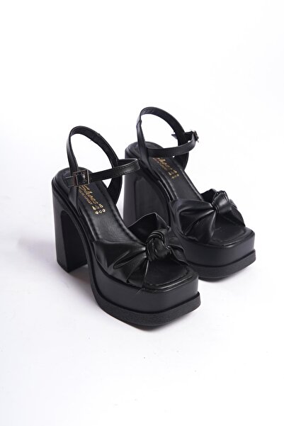 Preshley Kadın Sersi Siyah Fiyank Bantlı (12 cm ) Platform Topuklu Ayakkabı
