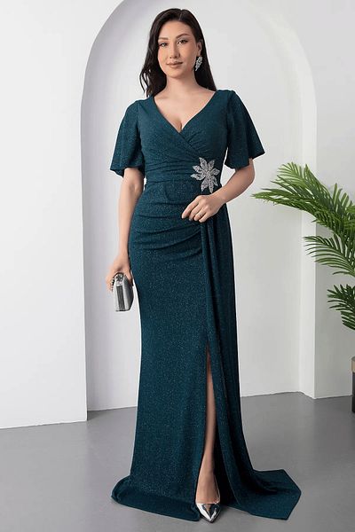 Efelif Βραδινό φόρεμα ABU39938 με λεπτομέρεια από πέτρα με λουλούδια σμαραγδένια μέση