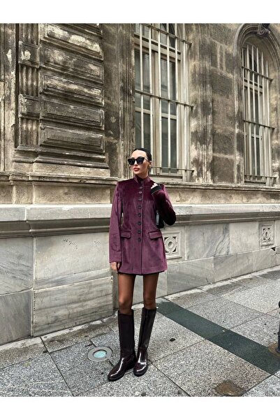 MODAGK Vintage Kadife Uzun Mürdüm Ceket