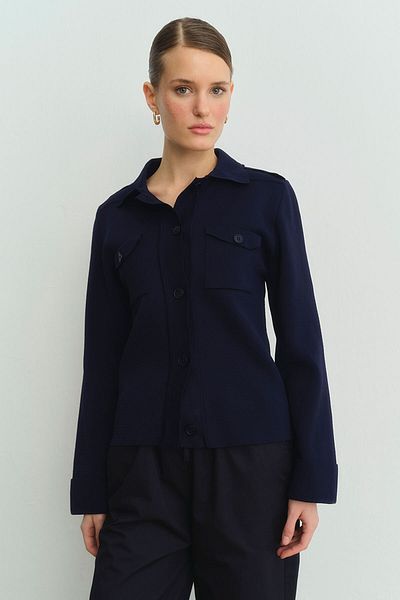 Hooopstore Cardigan bleumarin mercerizat cu clape de buzunar