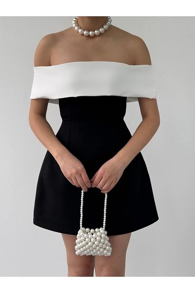 Julidress Black and White Madonna Strapless Neck Mini Premium Dress