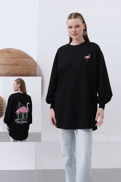 REMSA Flamingo Embroidery Detail Tunic - Black