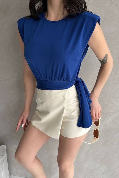 Fav Style Saks Blue γυναικεία μπλούζα Crop - Crew λαιμόκοψη, μανίκια με επένδυση, λεπτομέρεια με κορδόνια