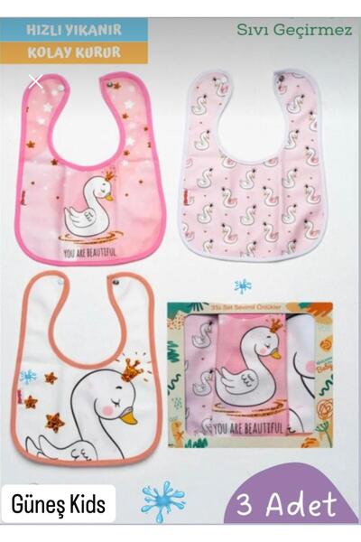 GÜNEŞ KİDS 3 Adet Kuğu Desenli Bebek Mama ve Salya Önlüğü Sıvı Geçirmez Çıtçı...