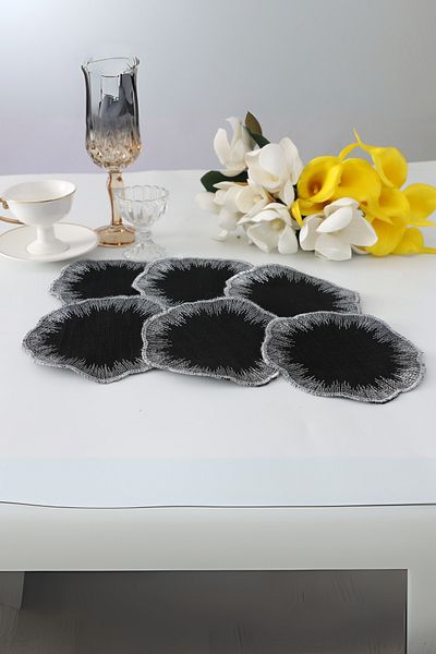 PLT Design Set of 6 Black Linen Linen Edge Detailed Coffee Side Cocktail Presentation Napkins