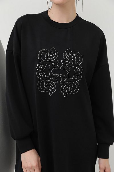 REMSA Modal Tunik Sweat 10612 Μαύρο Κέντημα Λεπτομέρειες