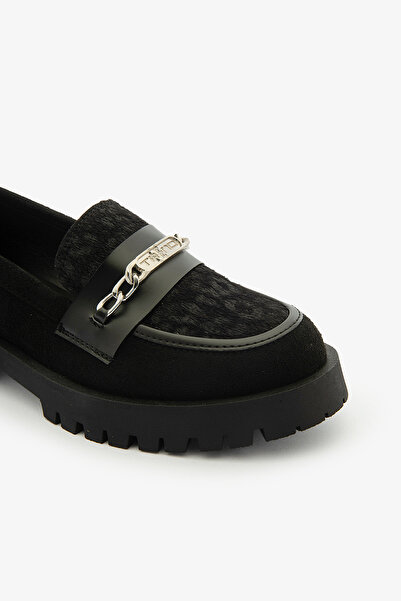SAYL Siyah Süet Leopar Desenli Tokalı Kadın Loafer Ayakkabı