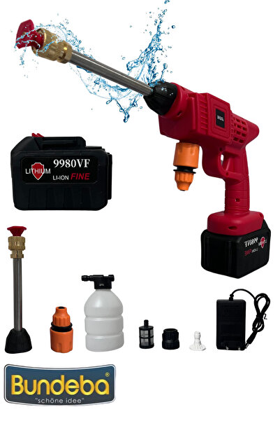 Bundeba En Yeni Akü Şarjlı Yüksek Basınçlı Oto Araba Bahçe Yıkama Ve Temizleme Tabancası Makinesi Kırmızı