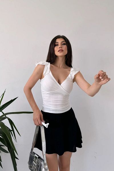 Fav Style Women's Double Breasted Collar Shoulder Flounce Blouse White