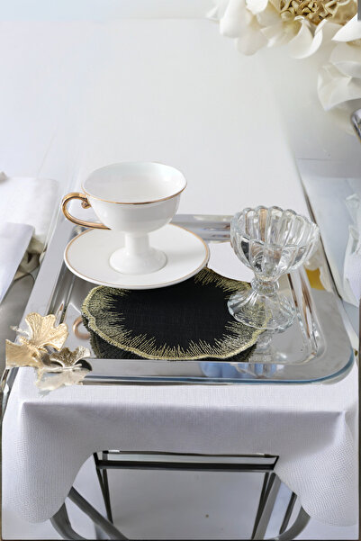 PLT Design 6'lı Siyah Linen Keten Kenar Detaylı Kahve Yanı Kokteyl Sunum Peçe...