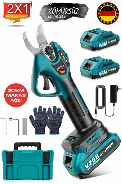 BÖHRER Akülü Budama Makası Wath,2 X Batarya 30mm Kesme Çapı,çift Kademeli Kesim Özelliği, Sk5 Çelik Bıçak