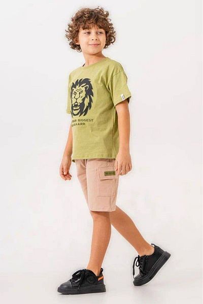MAXI DRY 100% Cotton Seersucker Printed Lion Figured Cargo Pocket Shorts Men's Bottom Top Set