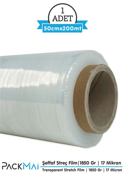 PackMai 1850 Model Transparent Stretch Film - 200 Meters, 50 cm Width, 17 Micron Domestic Production Packaging