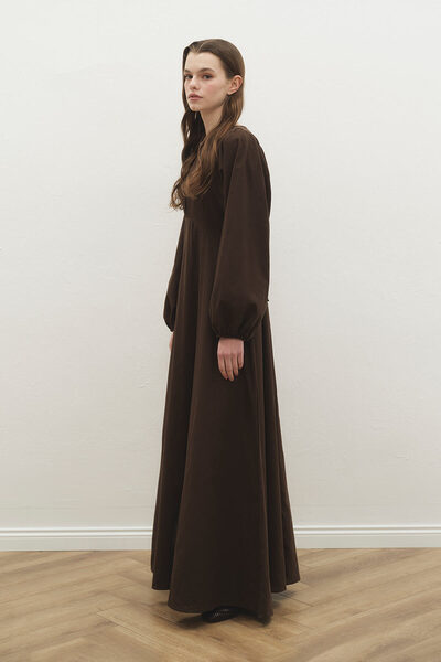 Hooopstore Balloon Sleeve Brown Linen Dress