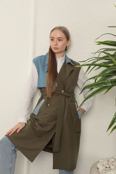 Leyaa Women's Garnished Vest-Khaki Torino Fabric