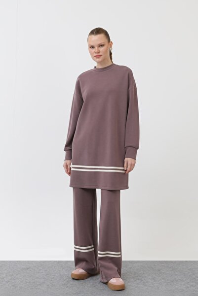 Puane Modal Kumaş Arma ve Çizgi Detaylı Tesettür İkili Takım