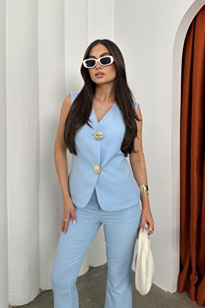 msm fashion Stylový dámský spodní top oblek s detailem knoflíku - vesta kalhoty İ kit oblek