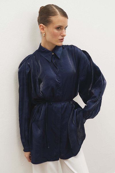 Hooopstore Πουκάμισο Creon Satin Look Navy Blue