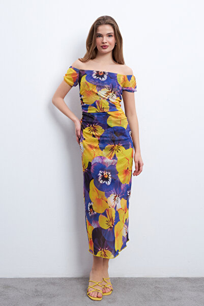 Know Γυναικείο φόρεμα από τούλι με κίτρινο μπλε σχέδιο με λαιμόκοψη