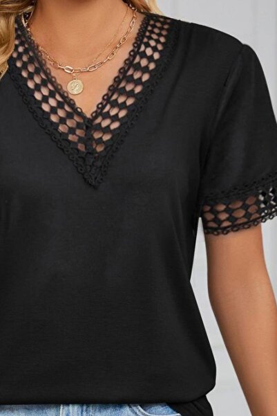 Mossta V-Neck Lace Detailed Viscose Blouse Black