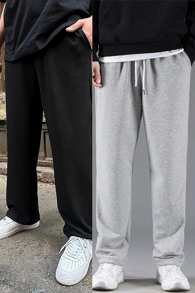 EydaMoon Ανδρικό φαρδύ μαύρο-γκρι 2 τεμάχια Oversize Loose Leg Φούτερ