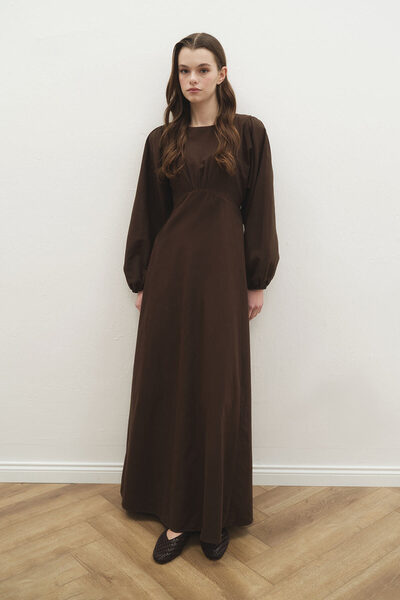 Hooopstore Balloon Sleeve Brown Linen Dress