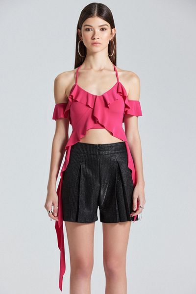 World Fashion Trends 2447 Ροζ μπλούζα με λαιμόκοψη με βολάν