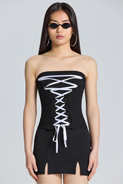 World Fashion Trends 2575 Beyaz Bağcıklı Siyah Straplez Bluz