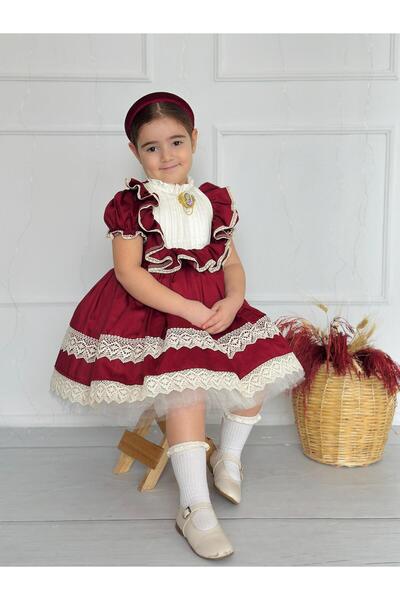 Linarookids Vintage Baby Girl Dress with Burgundy Brooch, Birthday, Photo Sho...