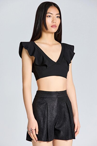 World Fashion Trends 2589 Crop negru cu decolteu în V cu volan