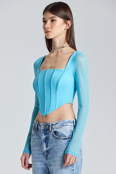 World Fashion Trends 1930 Bluză albastră cu corset cu mâneci din tul cu sârmă