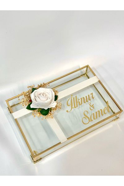 ouzhanya hediyelik Girl's Promise Engagement Chocolate Box Flower Ornamented Name Written Gold Glass Box 20X30 cm