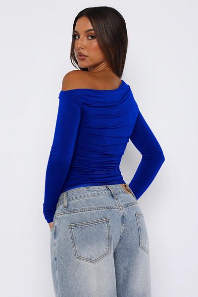 World Fashion Trends 2890 Saks Blue Off Shoulder Gathered Crop Μπλούζα