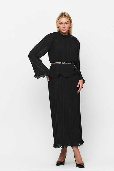 OQQA Chiffon Pleated Suit Skirt Blouse Suit Hijab
