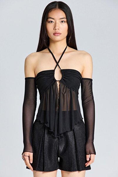 World Fashion Trends 2650 Bluză neagră cu gât cu șarmuire cu tul