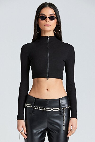 World Fashion Trends 1480 Μαύρη μπλούζα με διπλό φερμουάρ-7G