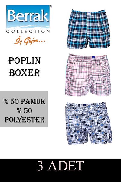 Berrak Men's Poplin Boxer Rubber Waist 3 Pack