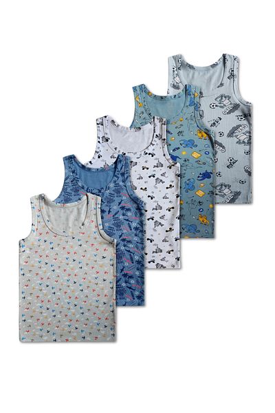 GizaKids 95% Cotton Boys' Mixed Color Patterned Undershirt Underwear Set of 5