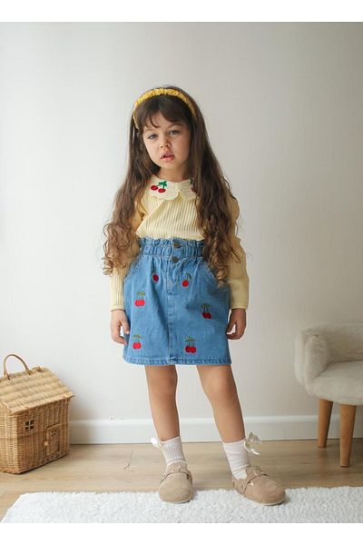 bakyaa Girl's Cherry Patterned Baby Collar Ribbed Denim Suit