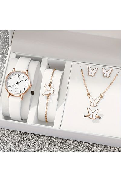 Bozhi White Elegant Butterfly Detail Women's Wristwatch, Bracelet, Necklace Bringing Wealth and Luck |   Earring Set